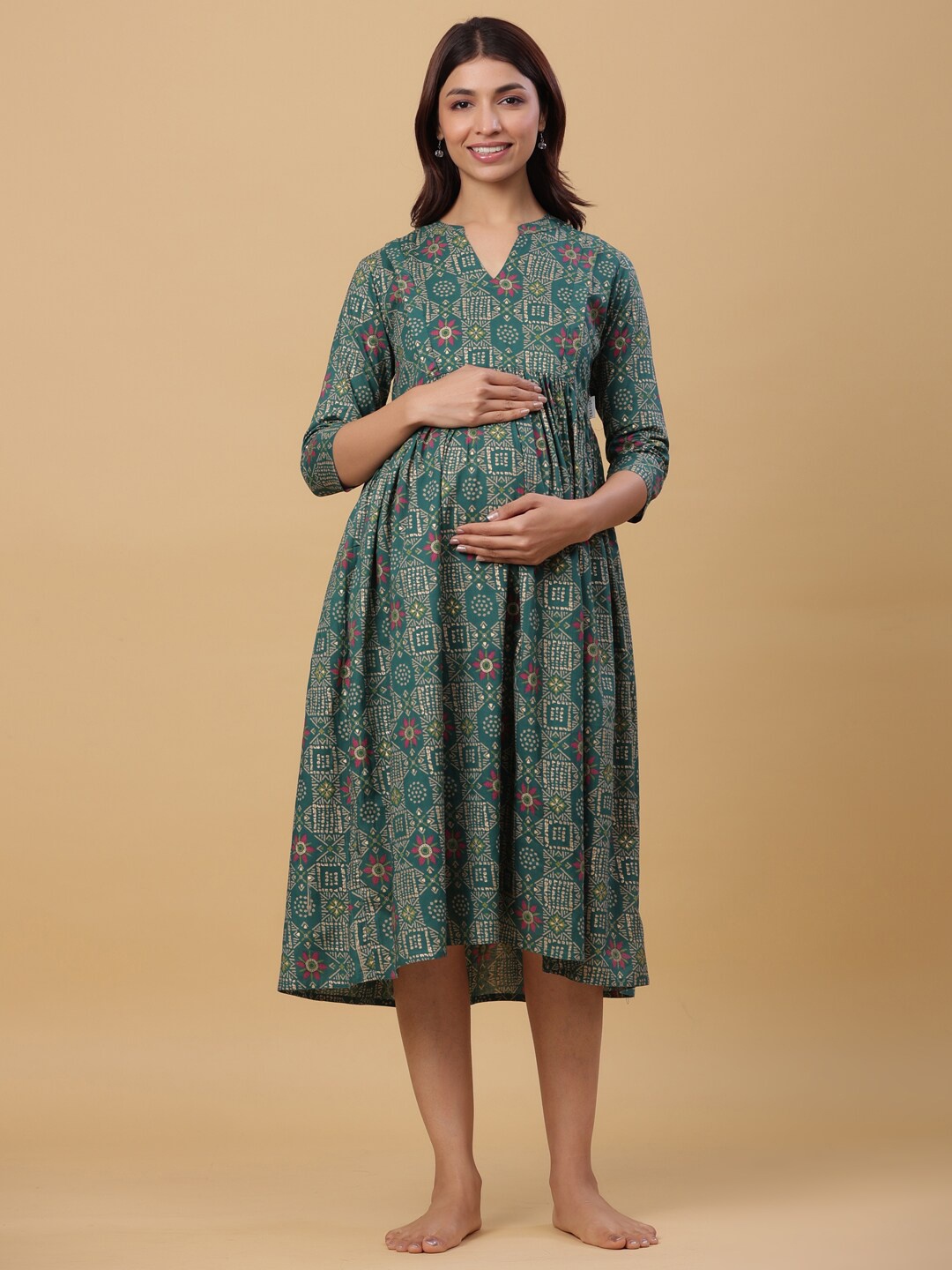 

CRAFIQA Floral Print Maternity A-Line Midi Dress, Green