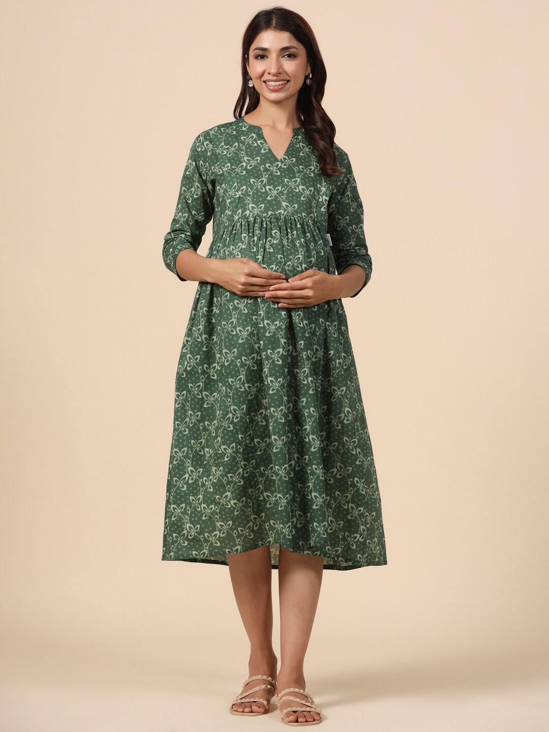 

CRAFIQA Floral Printed Cotton Maternity A-Line Midi Ethnic Dress, Green