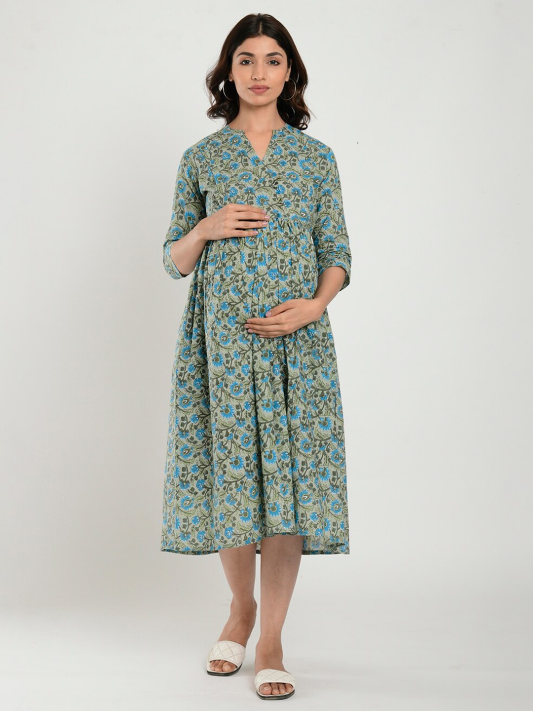 

CRAFIQA Floral Printed Cotton Maternity A-Line Midi Ethnic Dress, Green