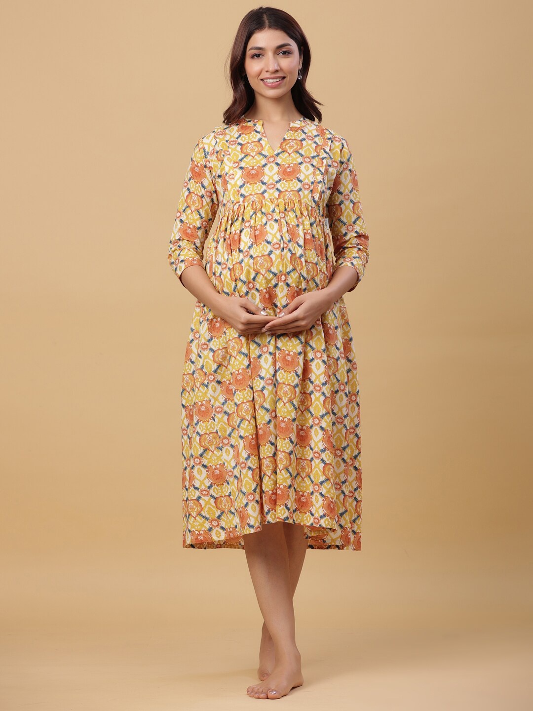 

CRAFIQA Floral Printed Cotton Maternity Midi Nightdress, Yellow