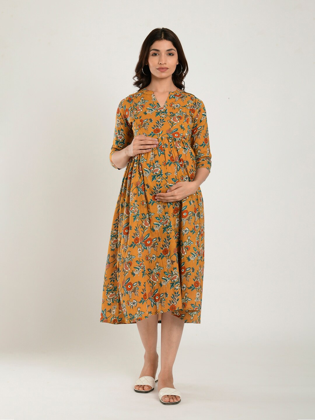 

CRAFIQA Floral Printed Cotton Maternity Fit & Flare Midi Ethnic Dress, Mustard