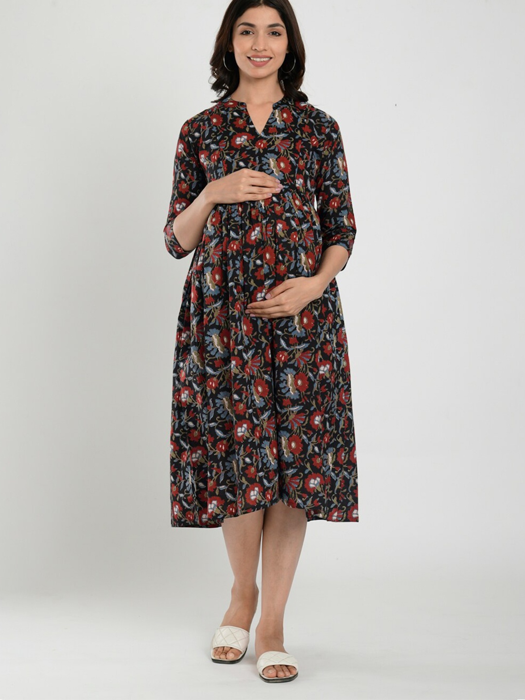 

CRAFIQA Floral Printed Cotton Maternity Midi Nightdress, Black