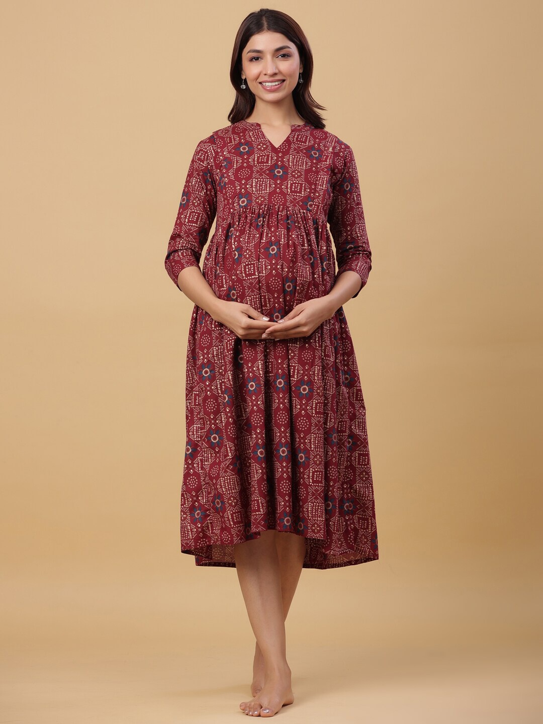

CRAFIQA Ethnic Motifs Printed Cotton Maternity Midi Nightdress, Maroon
