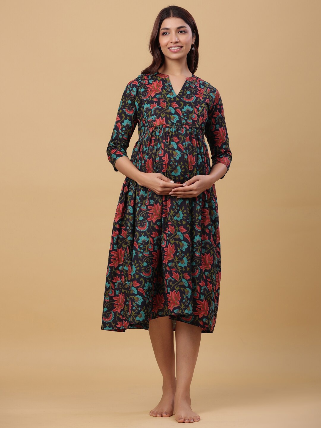 

CRAFIQA Floral Printed Cotton Maternity Midi Nightdress, Black