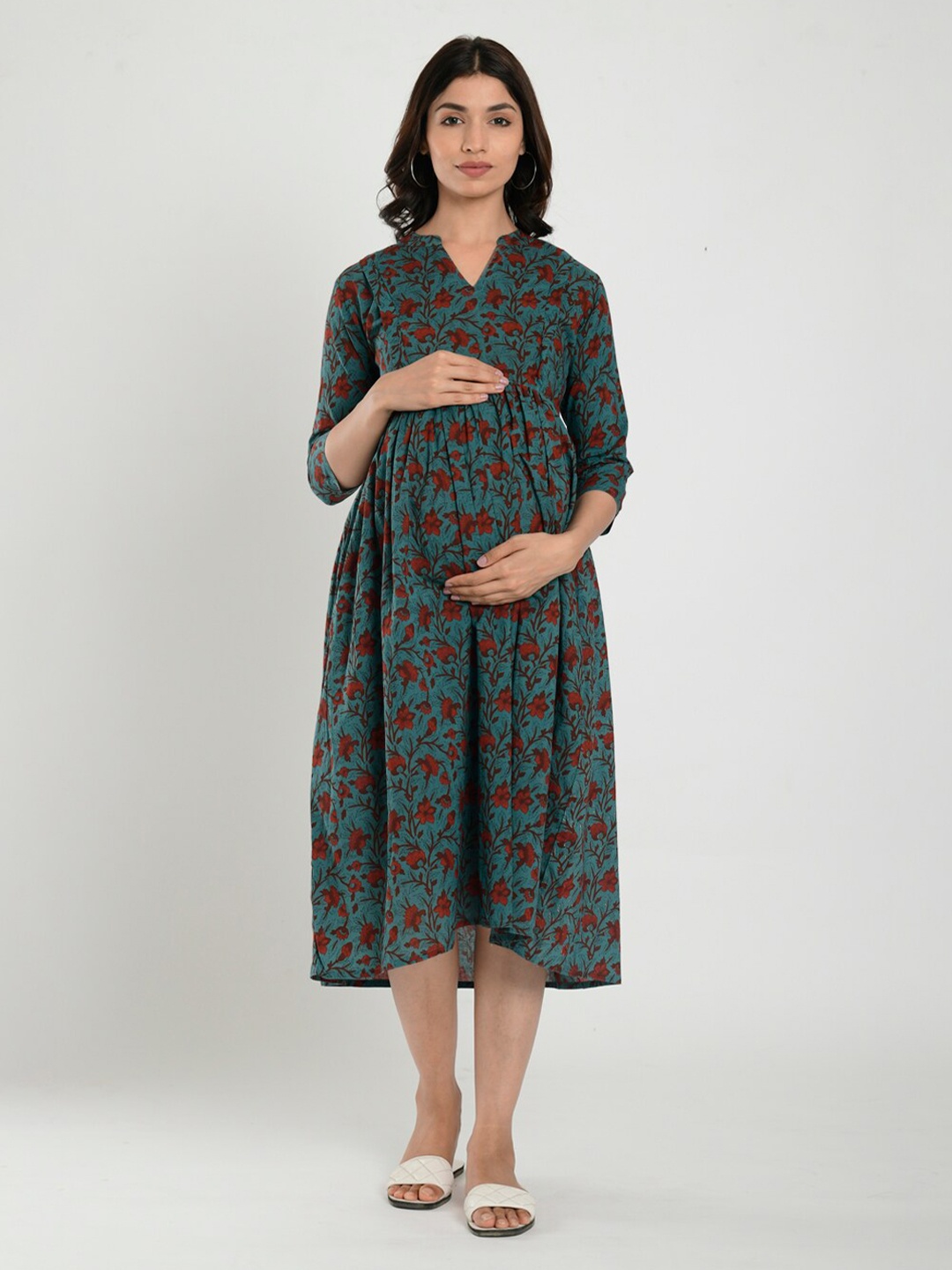 

CRAFIQA Floral Printed Pure Cotton Maternity Fit & Flare Midi Ethnic Dress, Green
