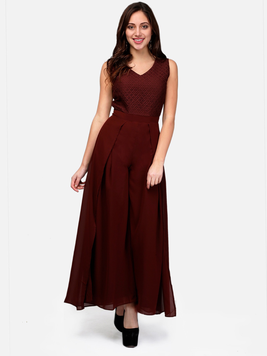 

V&M Self Design V-Neck Jumpsuit, Brown
