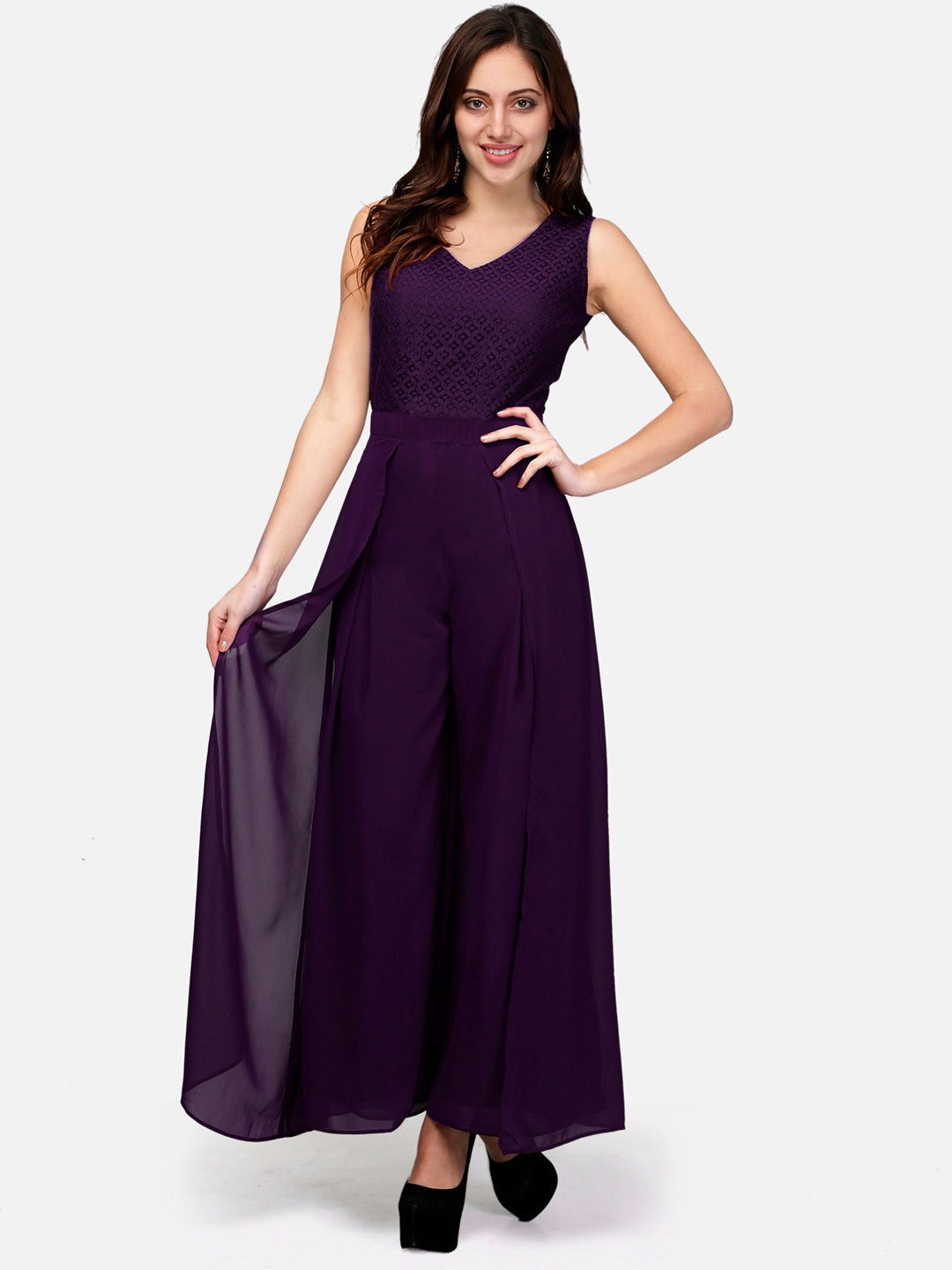 

V&M Self Design V-Neck Basic Jumpsuit, Purple