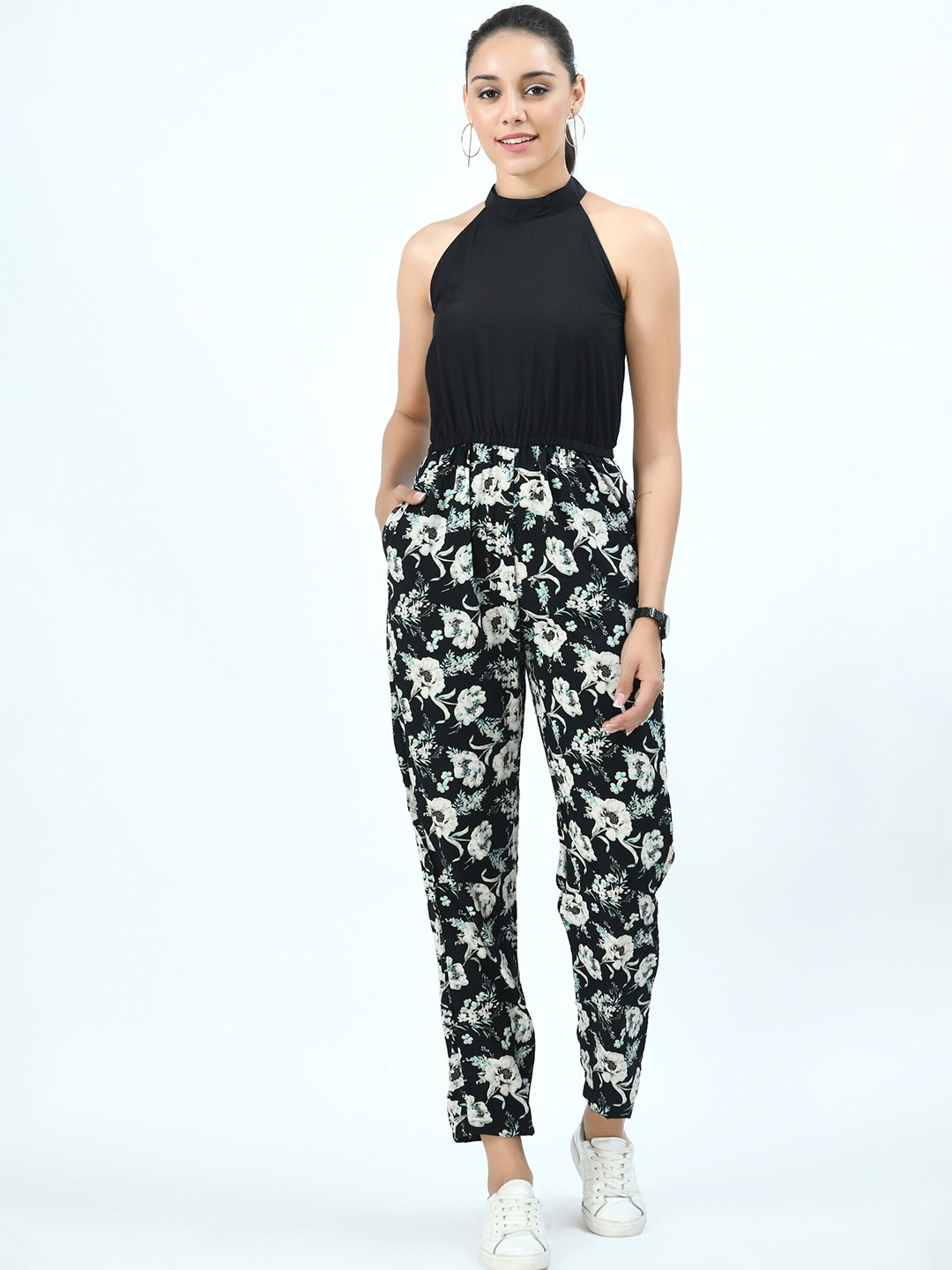 

V&M Printed Halter Neck Basic Jumpsuit, Black