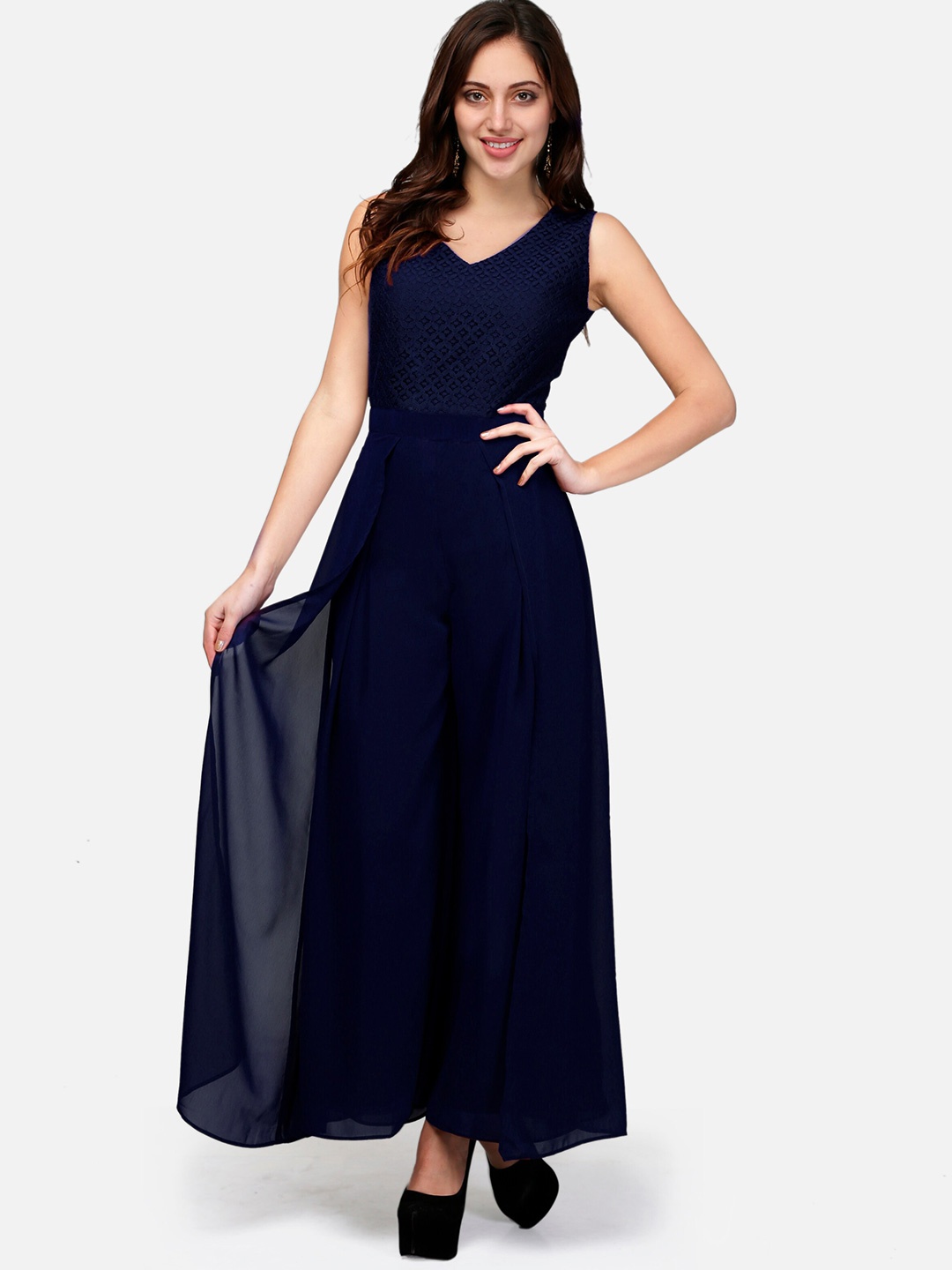 

V&M Self Design V-Neck Basic Jumpsuit, Navy blue