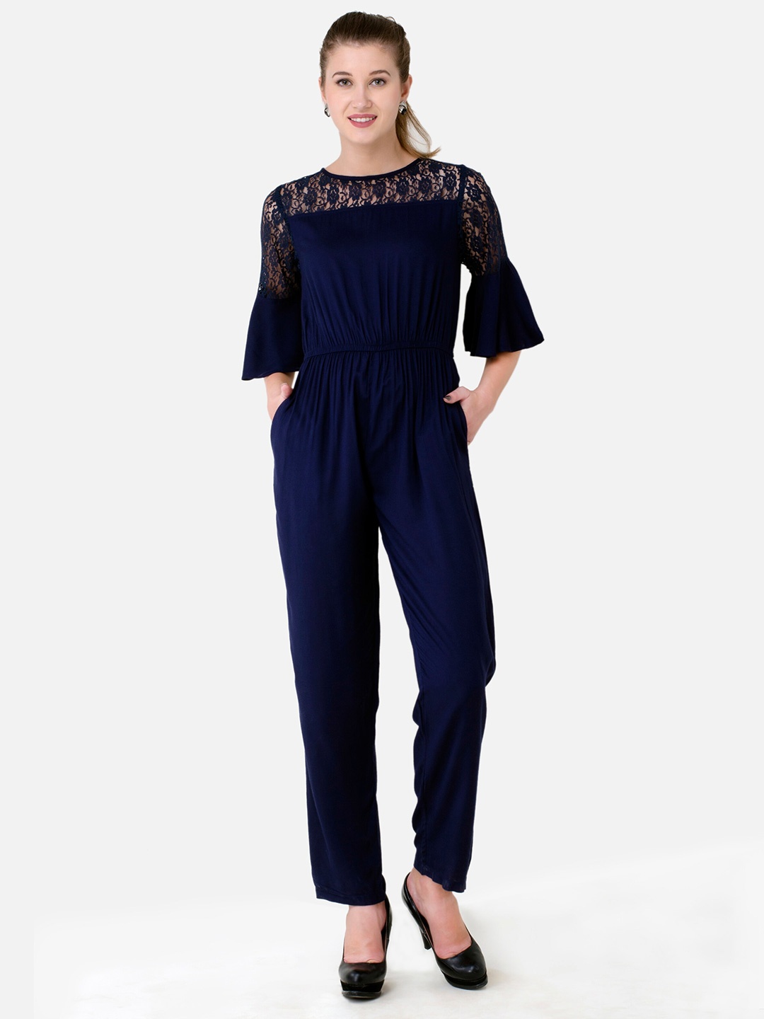 

V&M Self Design Bell Sleeves Basic Jumpsuit, Navy blue