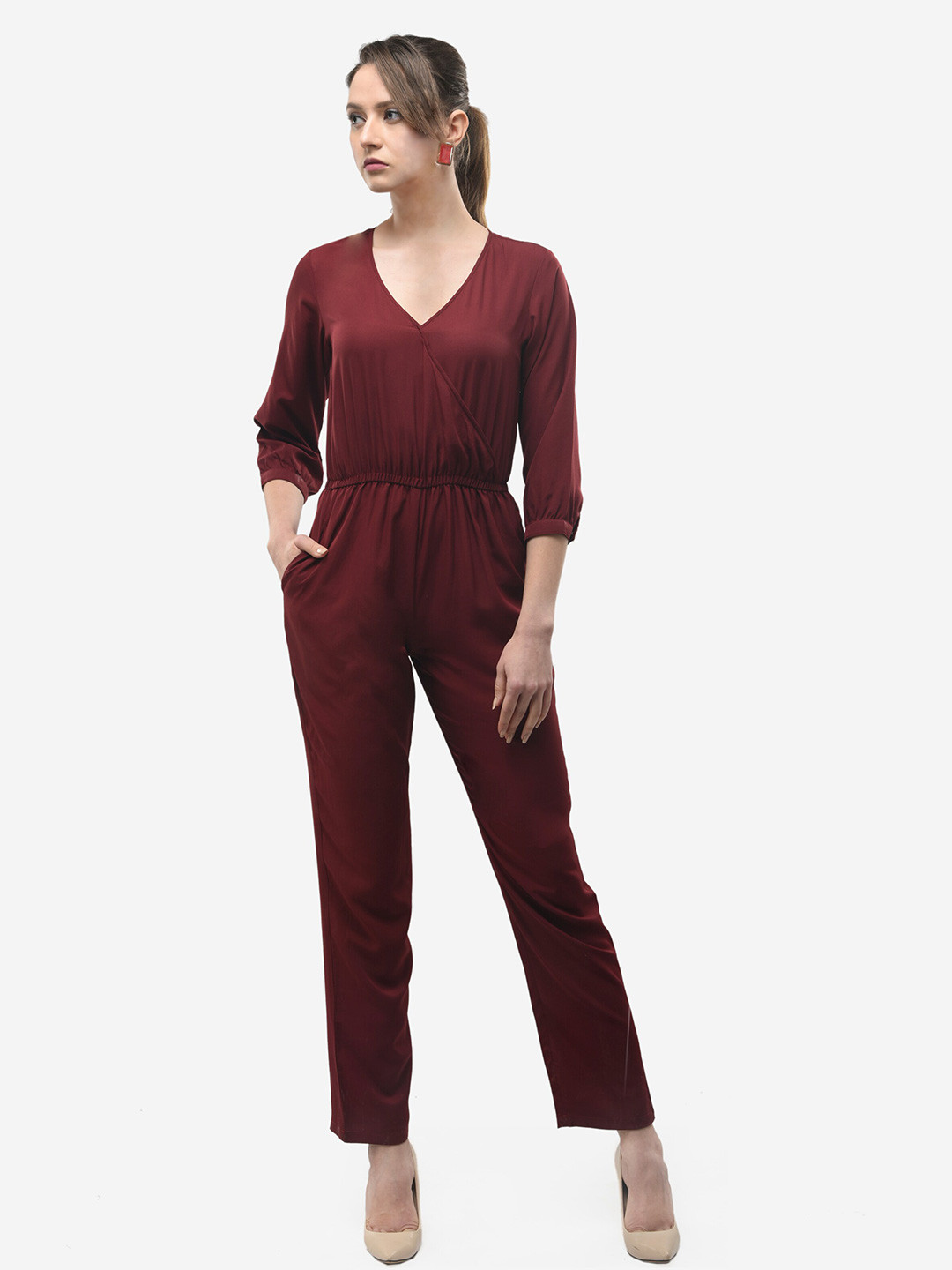 

V&M V-Neck Basic Jumpsuit, Maroon