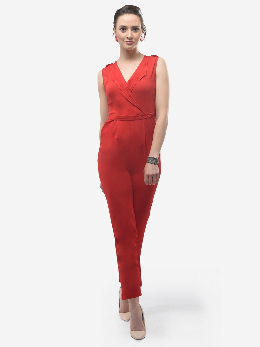 

V&M V-Neck Basic Jumpsuit, Red