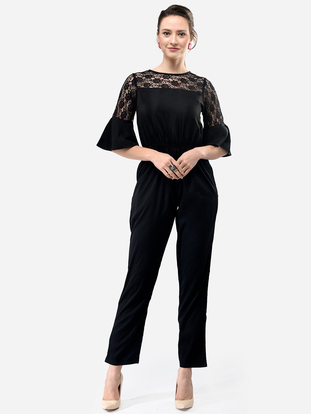 

V&M Self Design Bell Sleeves Basic Jumpsuit, Black