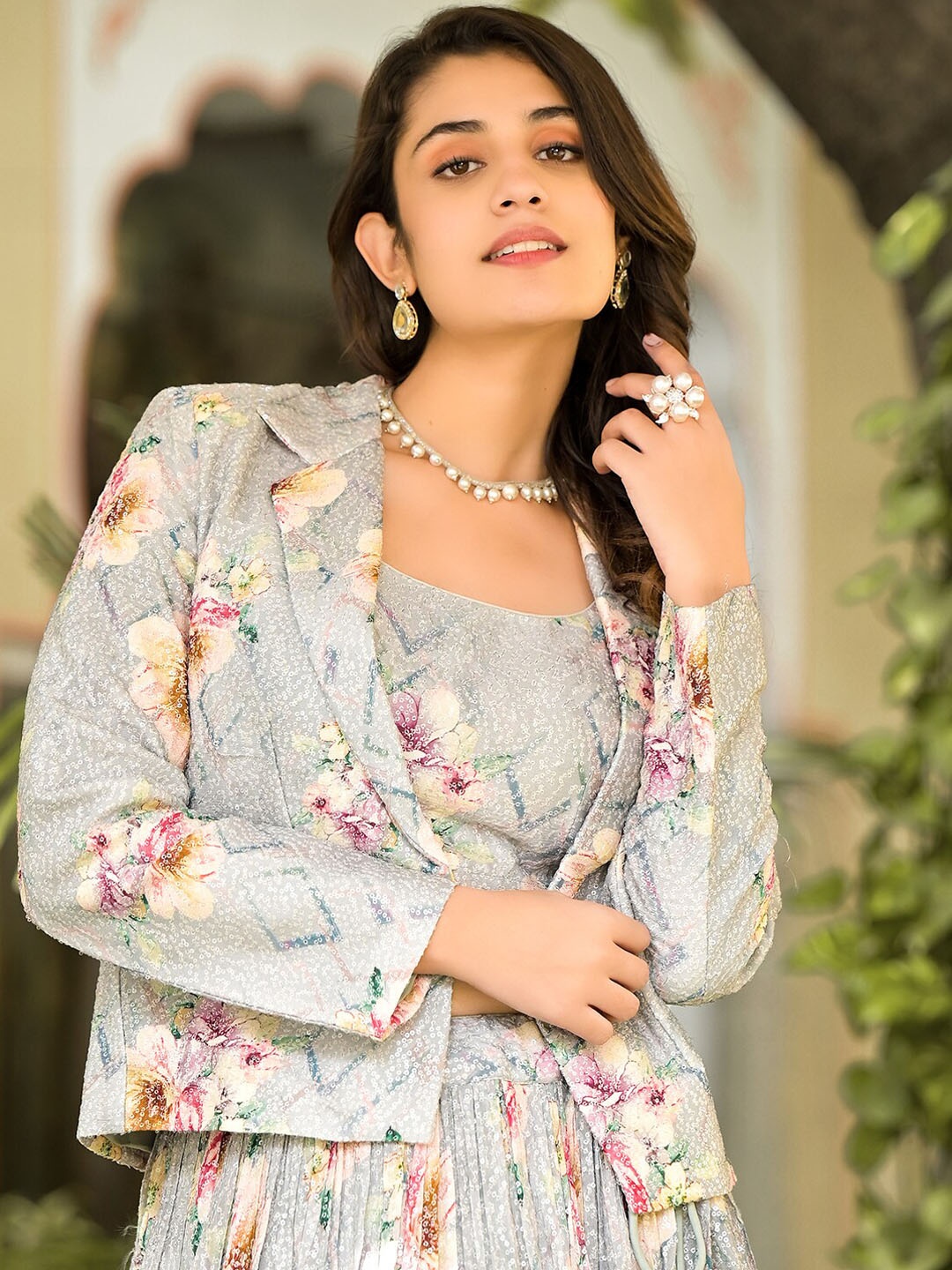 

Vishudh Floral Printed sequence work Top and Skirt With Jacket Co-Ords, Grey