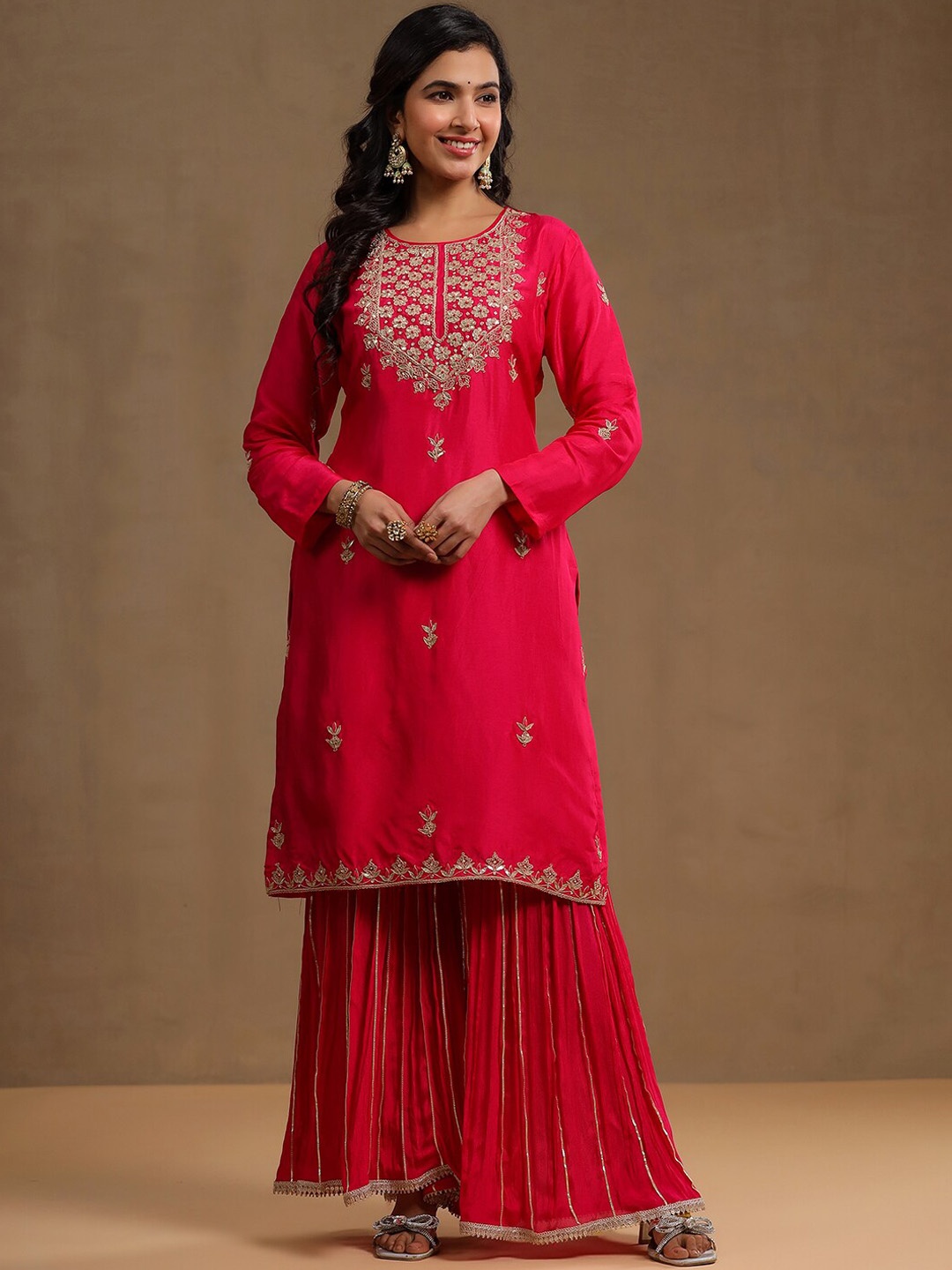 

Vishudh Floral Embroidered Embellished Kurta With Sharara & Dupatta, Pink