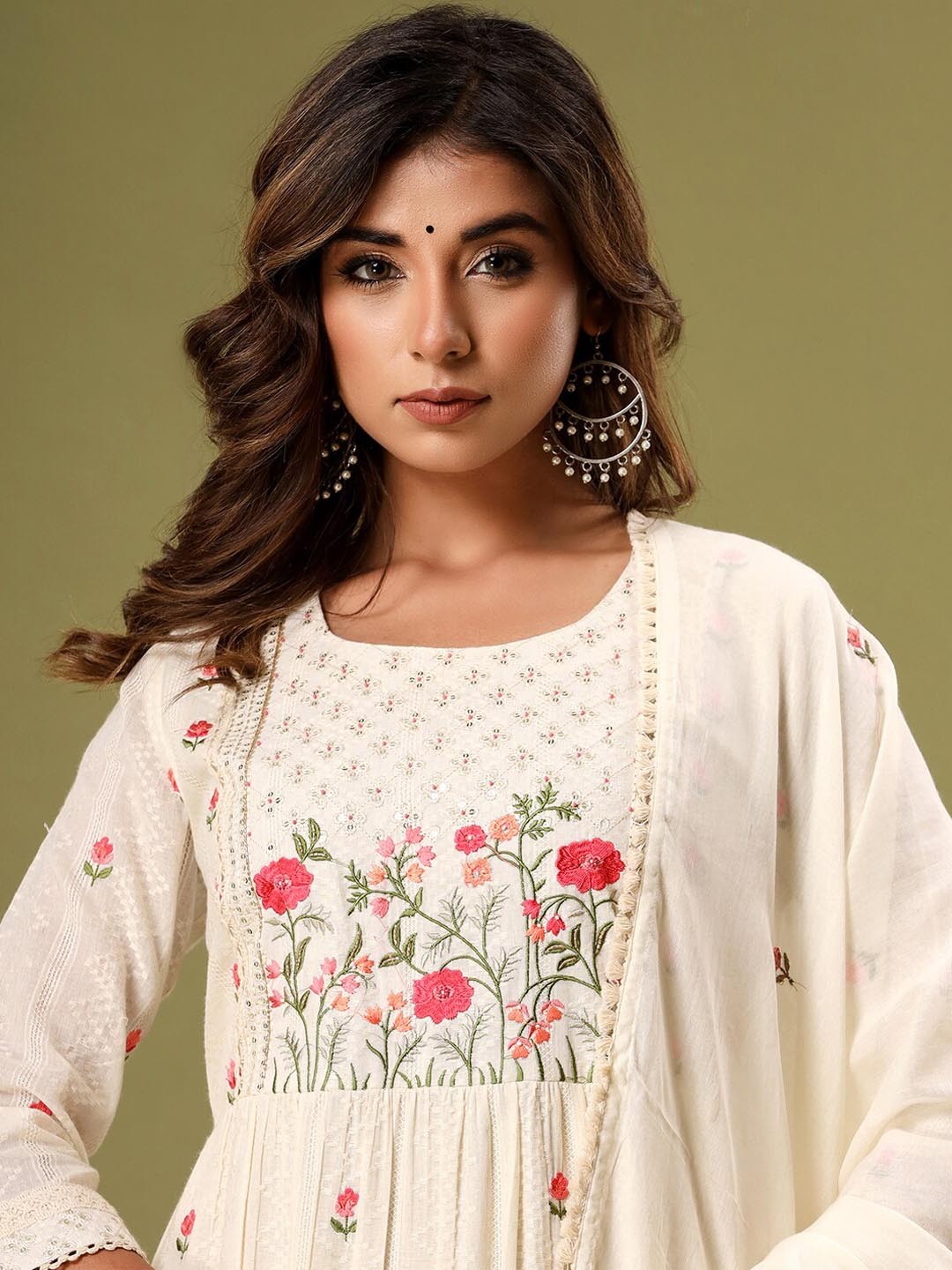 

Vishudh Floral Embroidered Empire Pure Cotton Kurta with Trousers & Dupatta, Off white