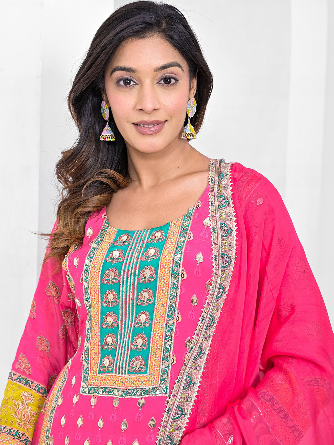 

Vishudh Ethnic Motifs Printed Regular Mirror Work Kurta with Trousers & With Dupatta, Pink