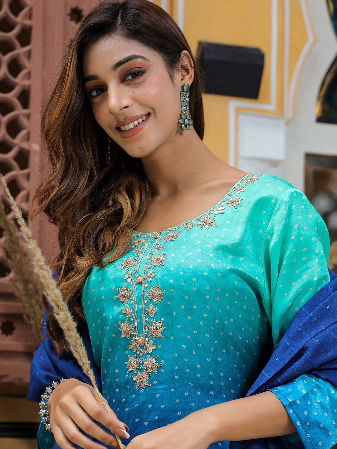 

Vishudh Bandhani Printed Regular Thread Work Kurta with Trousers & Dupatta, Blue