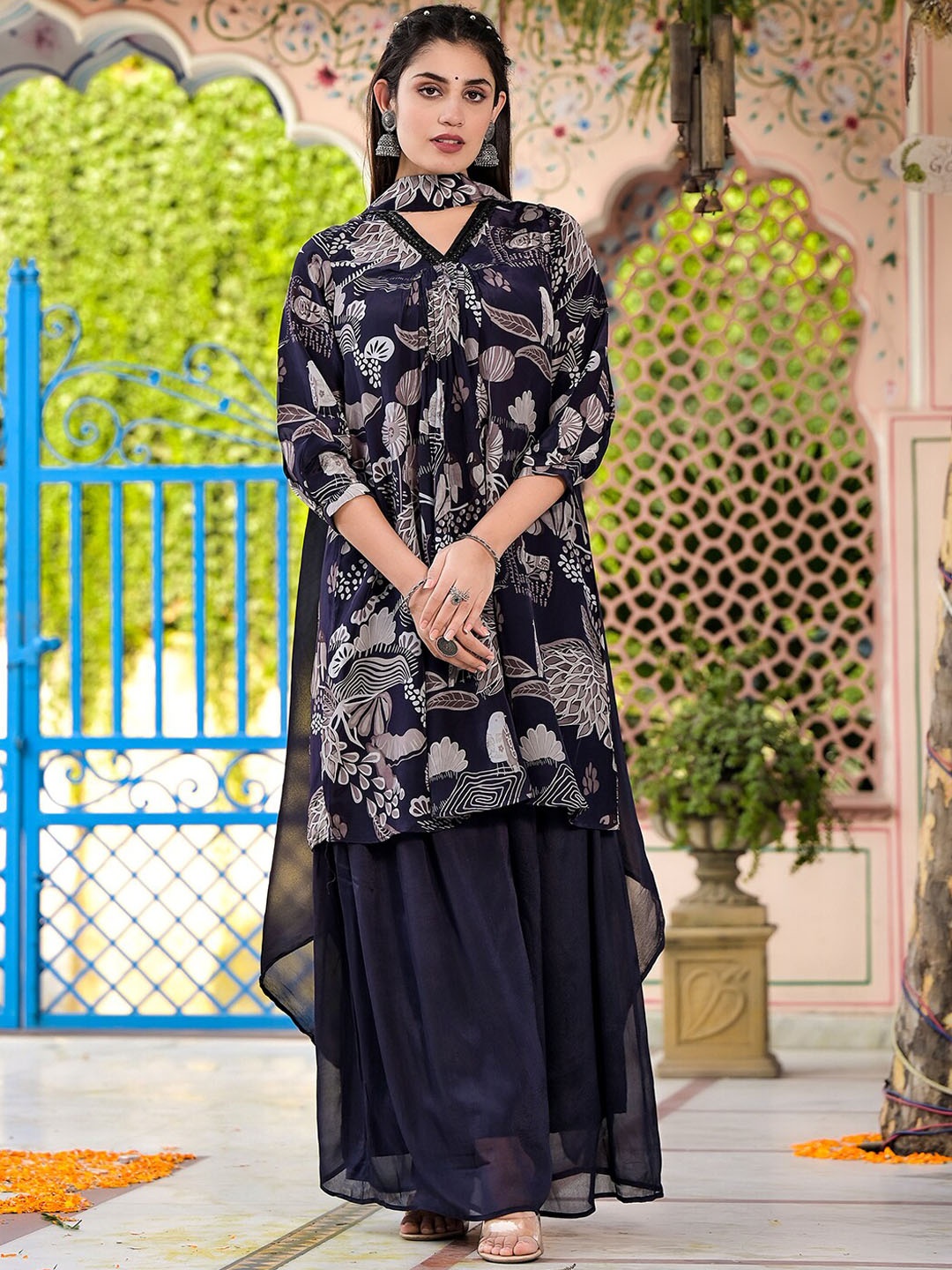 

Vishudh Floral Printed Regular Kurta with Sharara & Dupatta, Navy blue