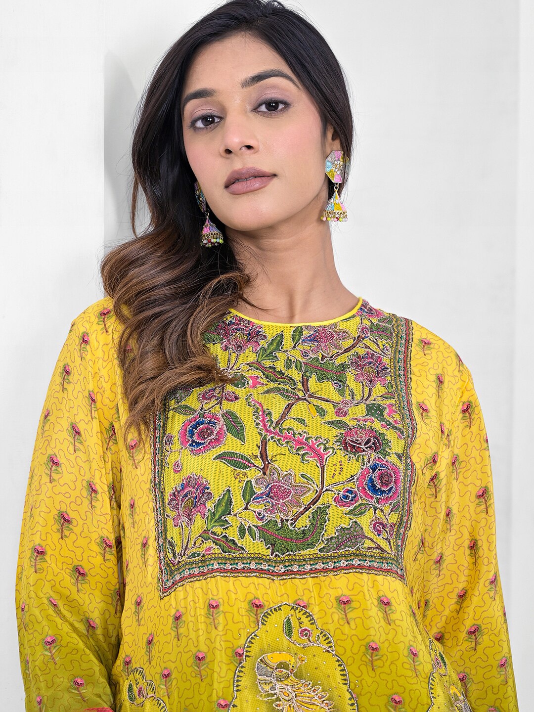 

Vishudh Yellow Ethnic Motifs Printed Long Sleeves Asymmetric Top & Dhoti Pant