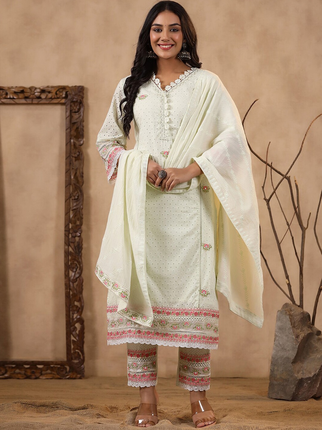 

Vishudh Ethnic Motifs Embroidered Regular Pure Cotton Kurta with Trousers & Dupatta, Off white