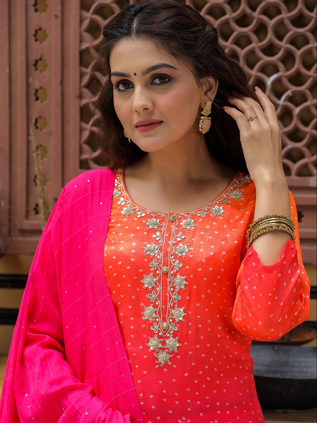 

Vishudh Bandhani Printed Regular Gotta Patti Kurta with Trousers & Dupatta, Orange