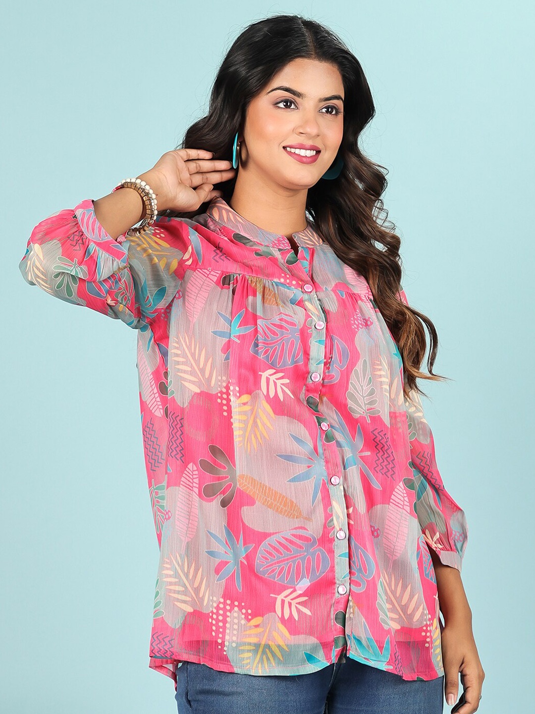 

Vishudh Floral Print Mandarin Collar Shirt Style Top, Pink