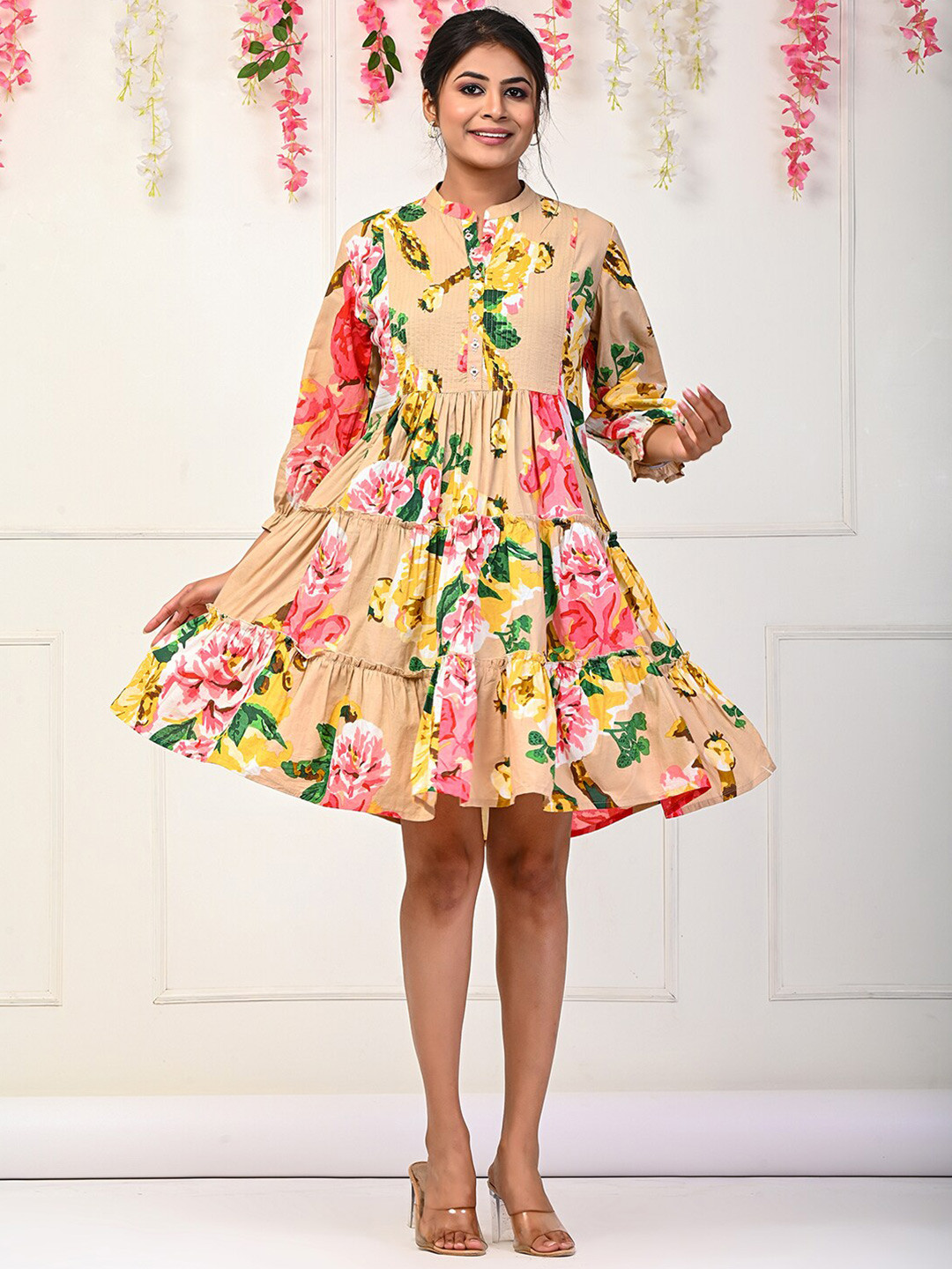 

Vishudh Floral Printed Pure Cotton Fit & Flare Dress, Nude
