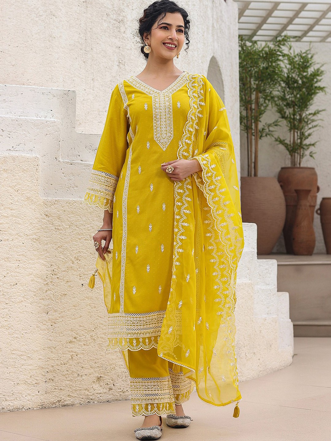 

Vishudh Floral Embroidered Regular Thread Work Pure Cotton Kurta with Trousers & Dupatta, Mustard