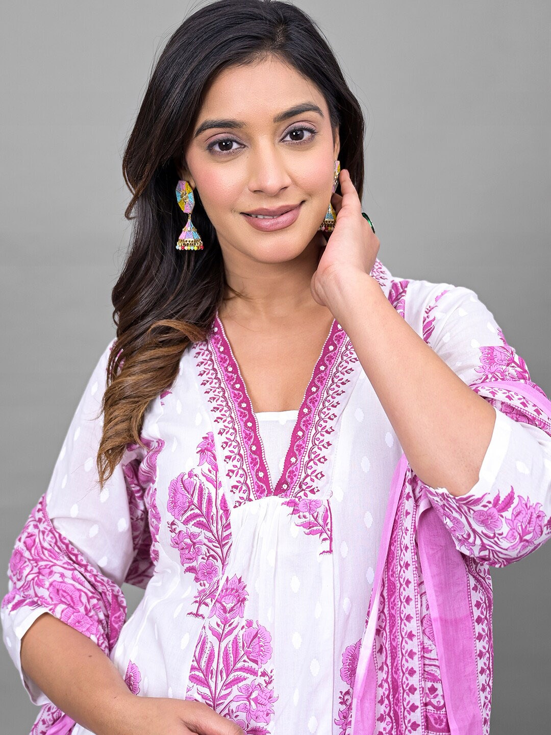 

Vishudh White Ethnic Motifs Printed Regular Pure Cotton Kurta with Palazzos & Dupatta