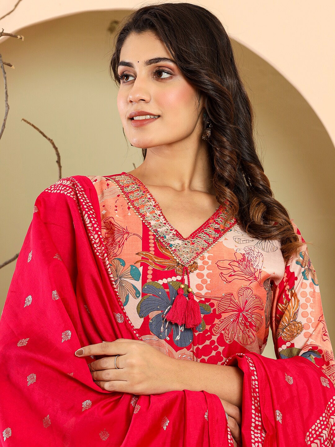 

Vishudh Floral Printed Regular Pure Cotton Kurta with Trousers & Dupatta, Red