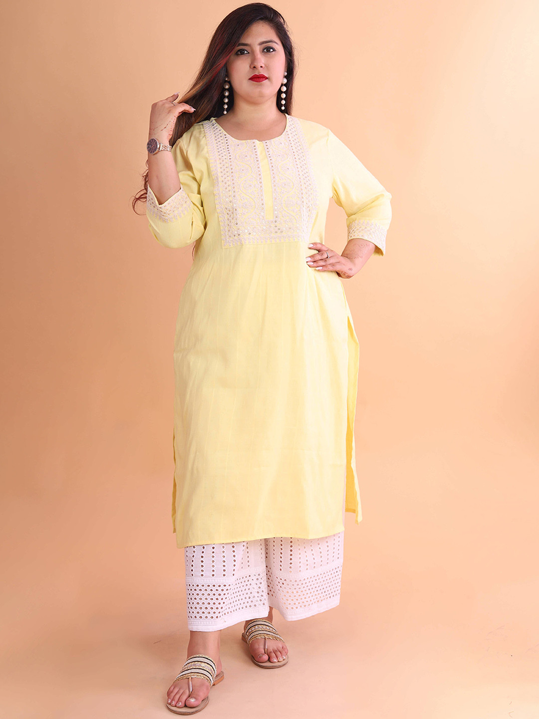 

madam PLUS Women Floral Embroidered Flared Sleeves Thread Work Dobby Kurta, Yellow