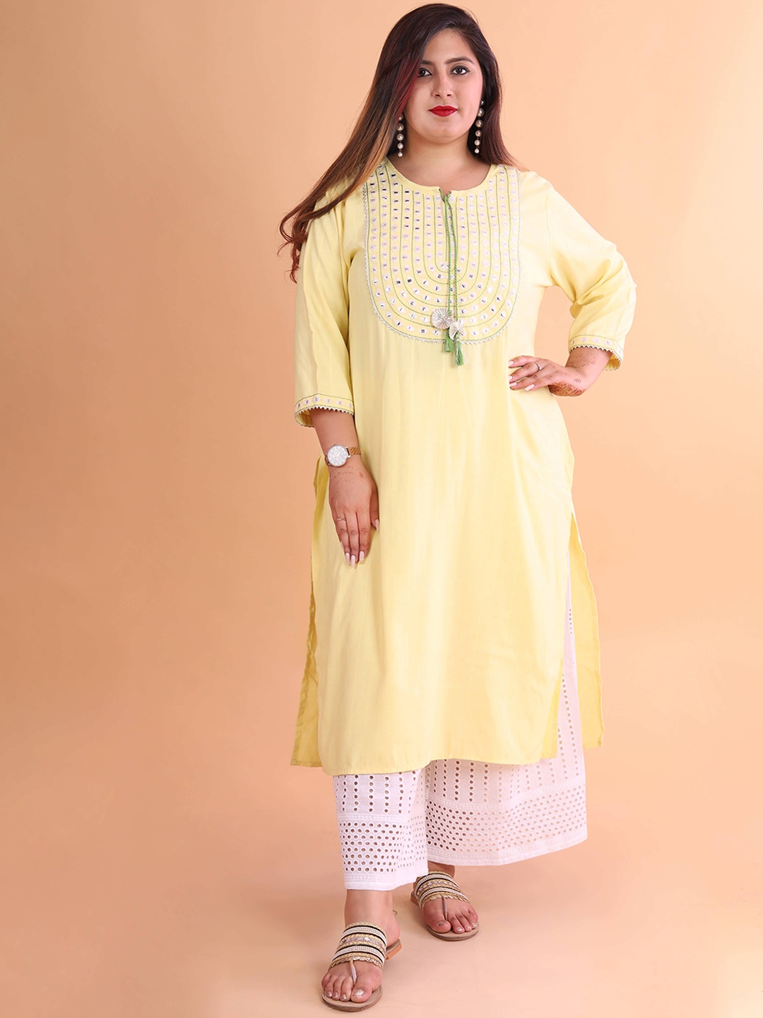 

madam PLUS Women Yoke Design Keyhole Neck Flared Sleeves Gotta Patti Dobby Kurta, Yellow