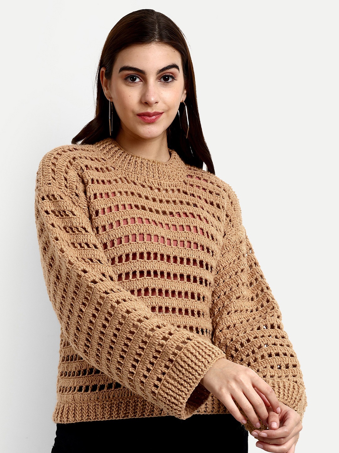 

WINDROP SOLUTIONS Self Design Acrylic Crop Pullover Sweater, Camel brown