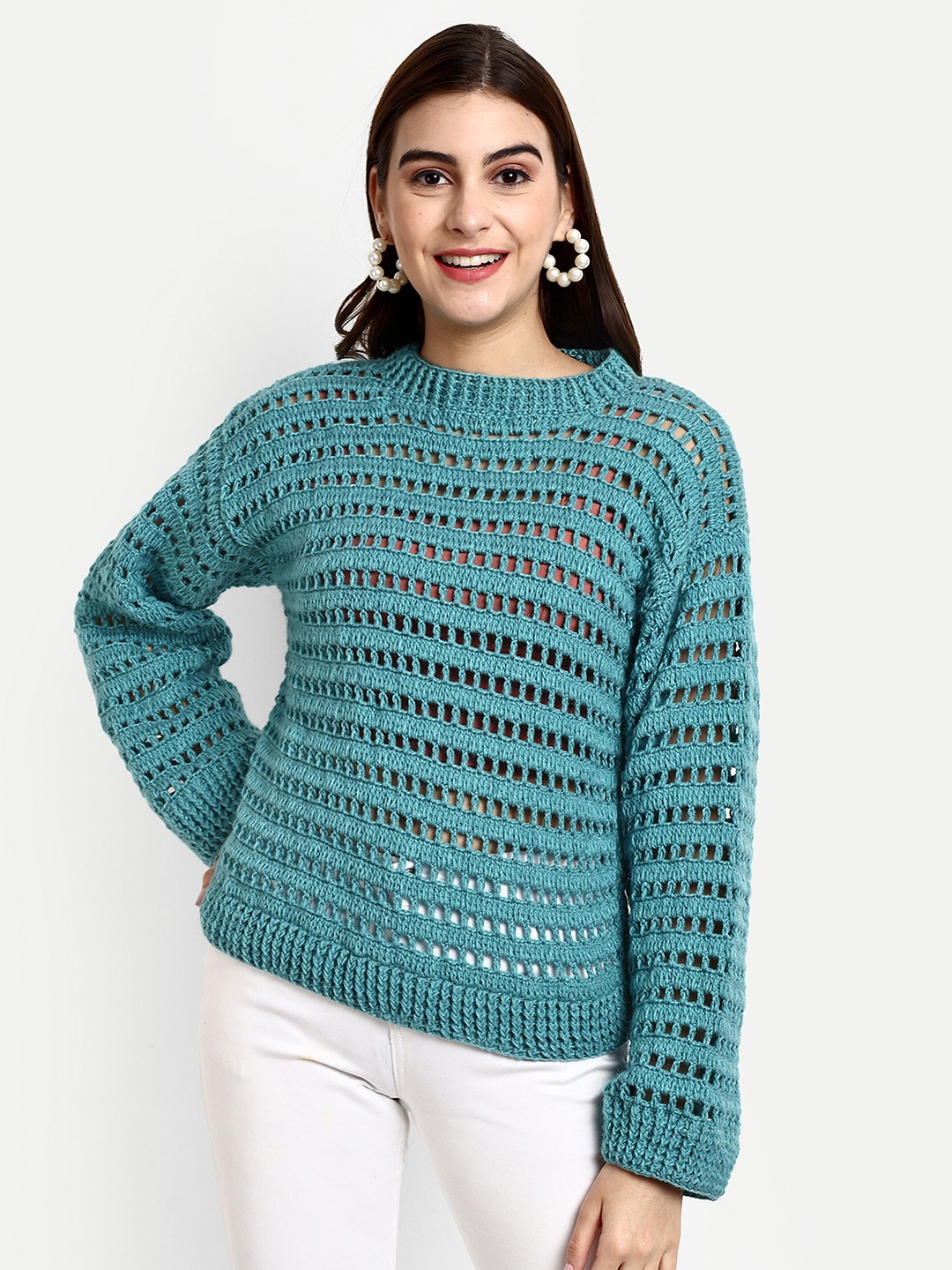 

WINDROP SOLUTIONS Self Design Acrylic Crop Pullover Sweater, Teal