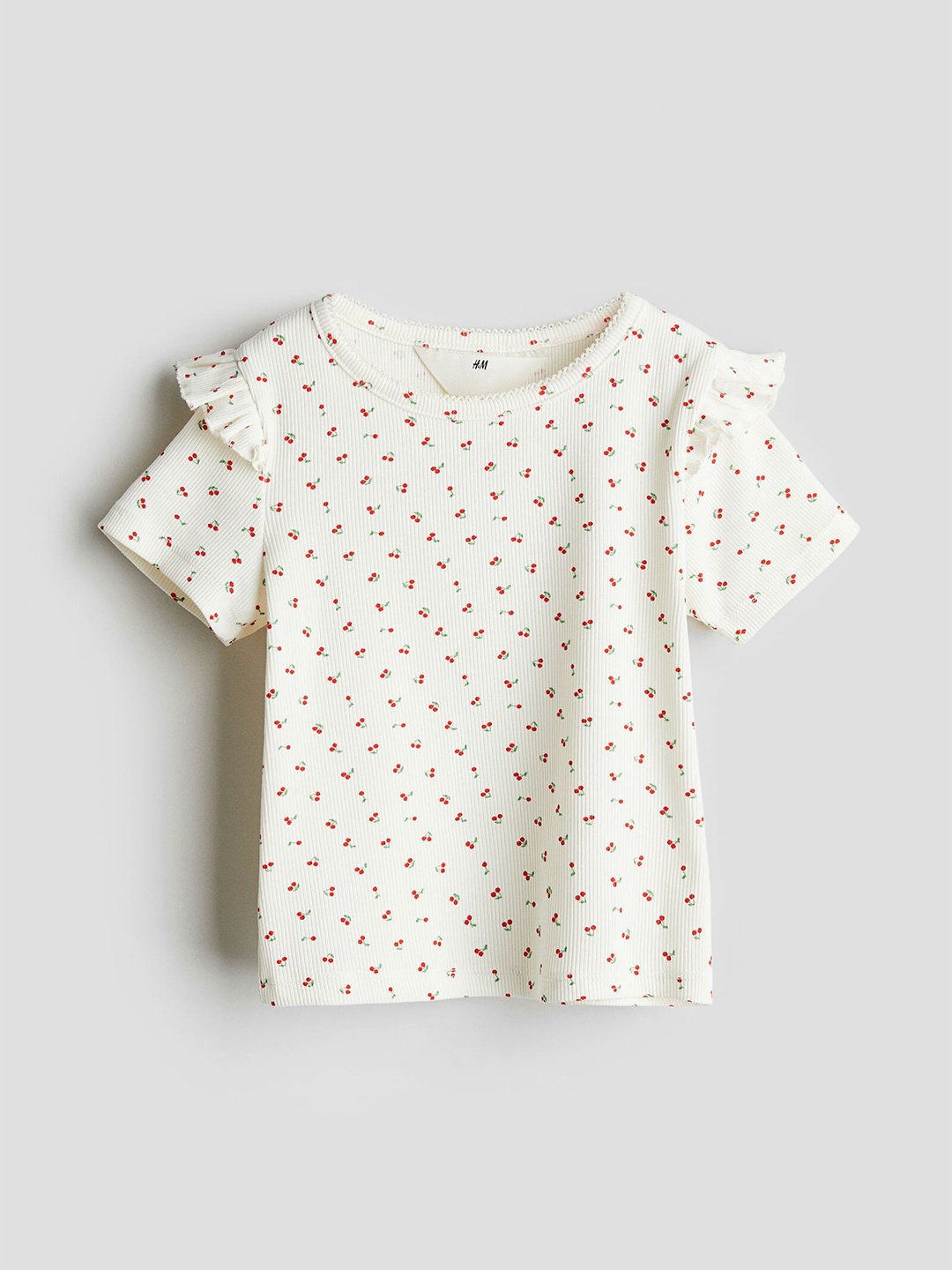 

H&M Girls Frill-Trimmed Ribbed T-Shirt, White