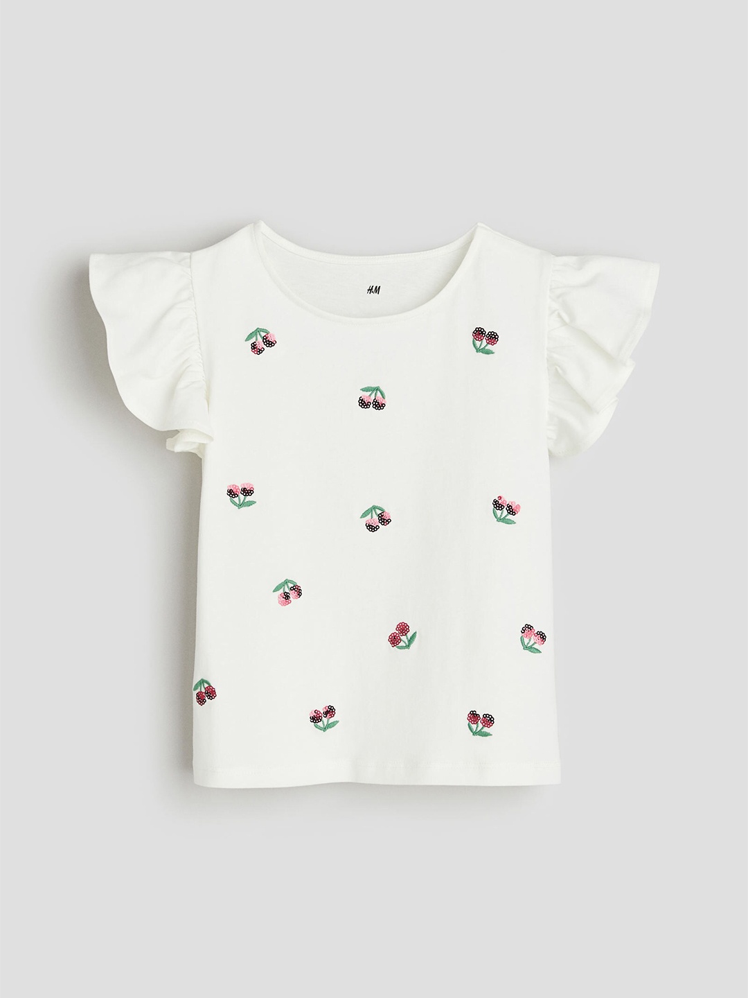 

H&M Girls Pure Cotton Flutter-Sleeved Top, White