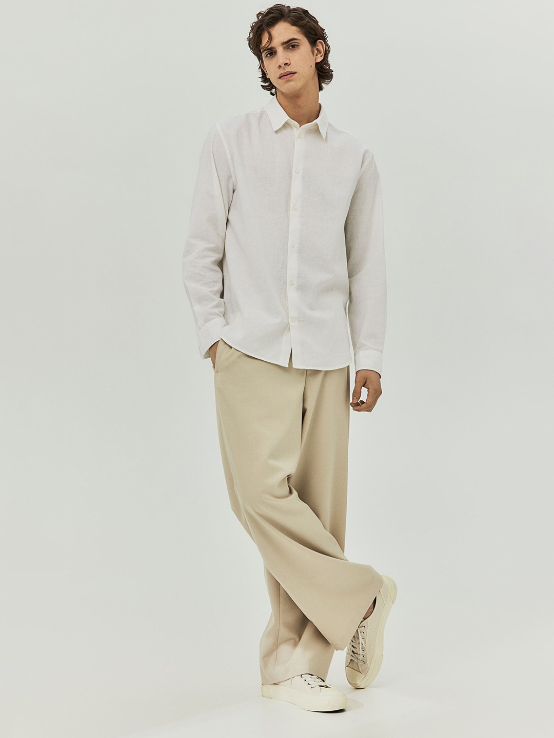 

H&M Regular Fit Linen-Blend Shirt, White