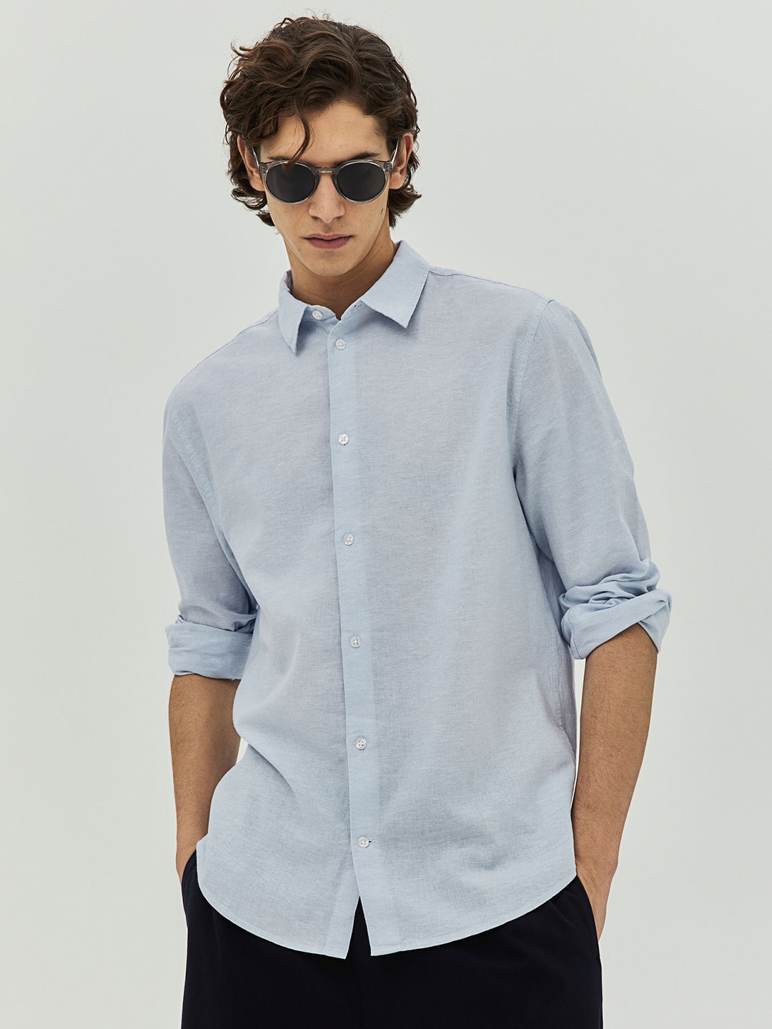 

H&M Regular Fit Linen-Blend Shirt, Blue