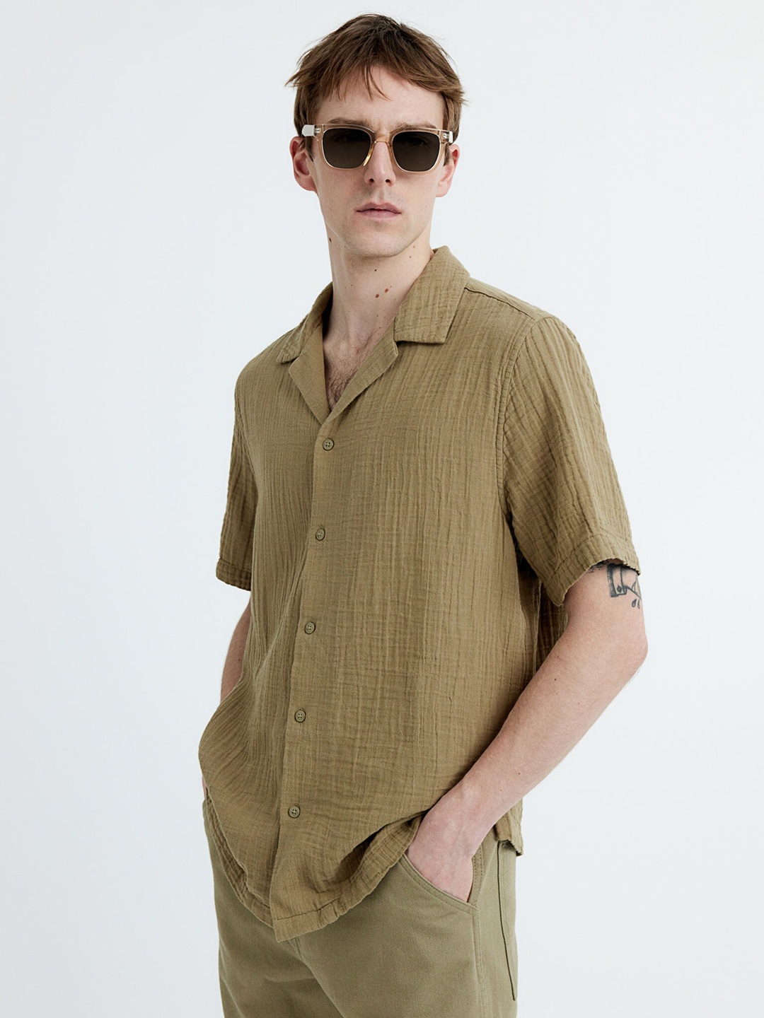 

H&M Pure Cotton Regular Fit Muslin Resort Shirt, Green
