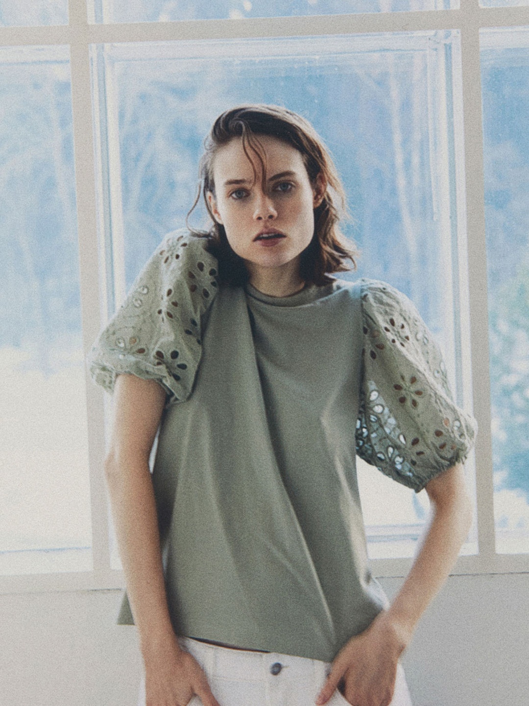 

H&M Pure Cotton Broderie-Anglaise-Sleeve Top, Green