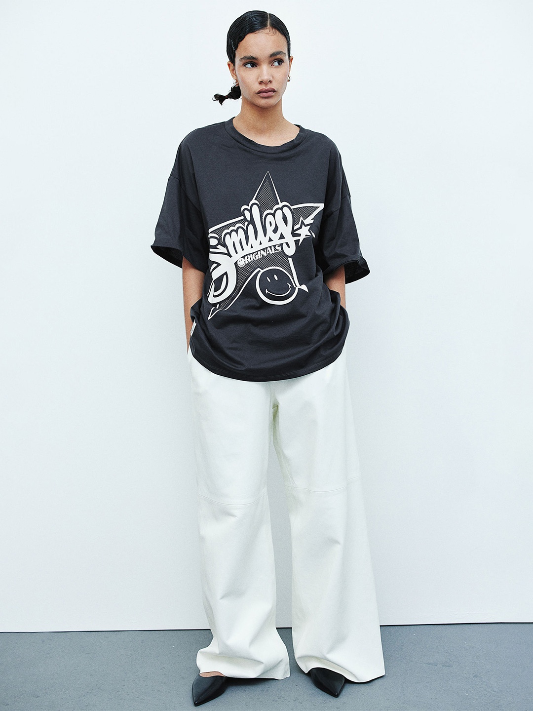 

H&M Pure Cotton Oversized Printed T-shirt, Grey