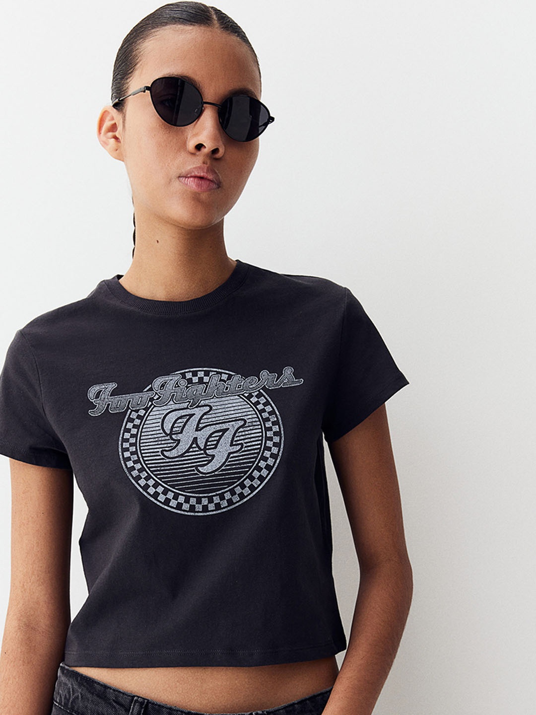 

H&M Women Pure Cotton Printed T-Shirt, Grey