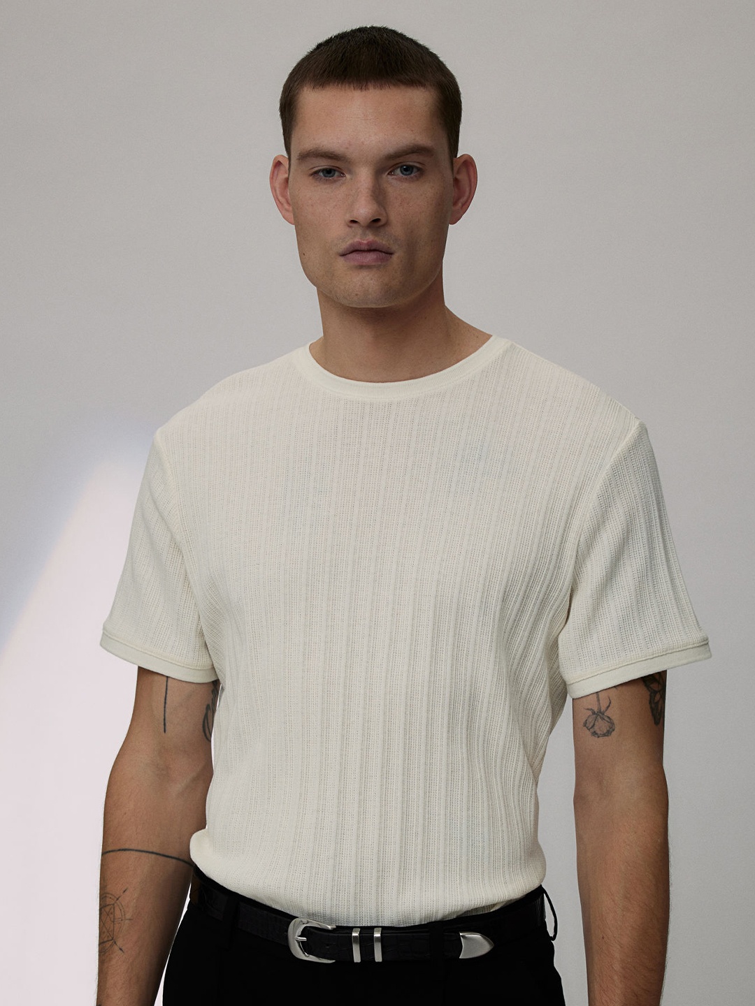

H&M Regular Fit Pointelle-Knit T-shirt, White