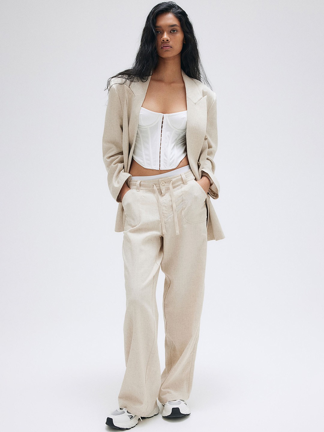

H&M Women Linen-Blend Straight Trousers, Beige