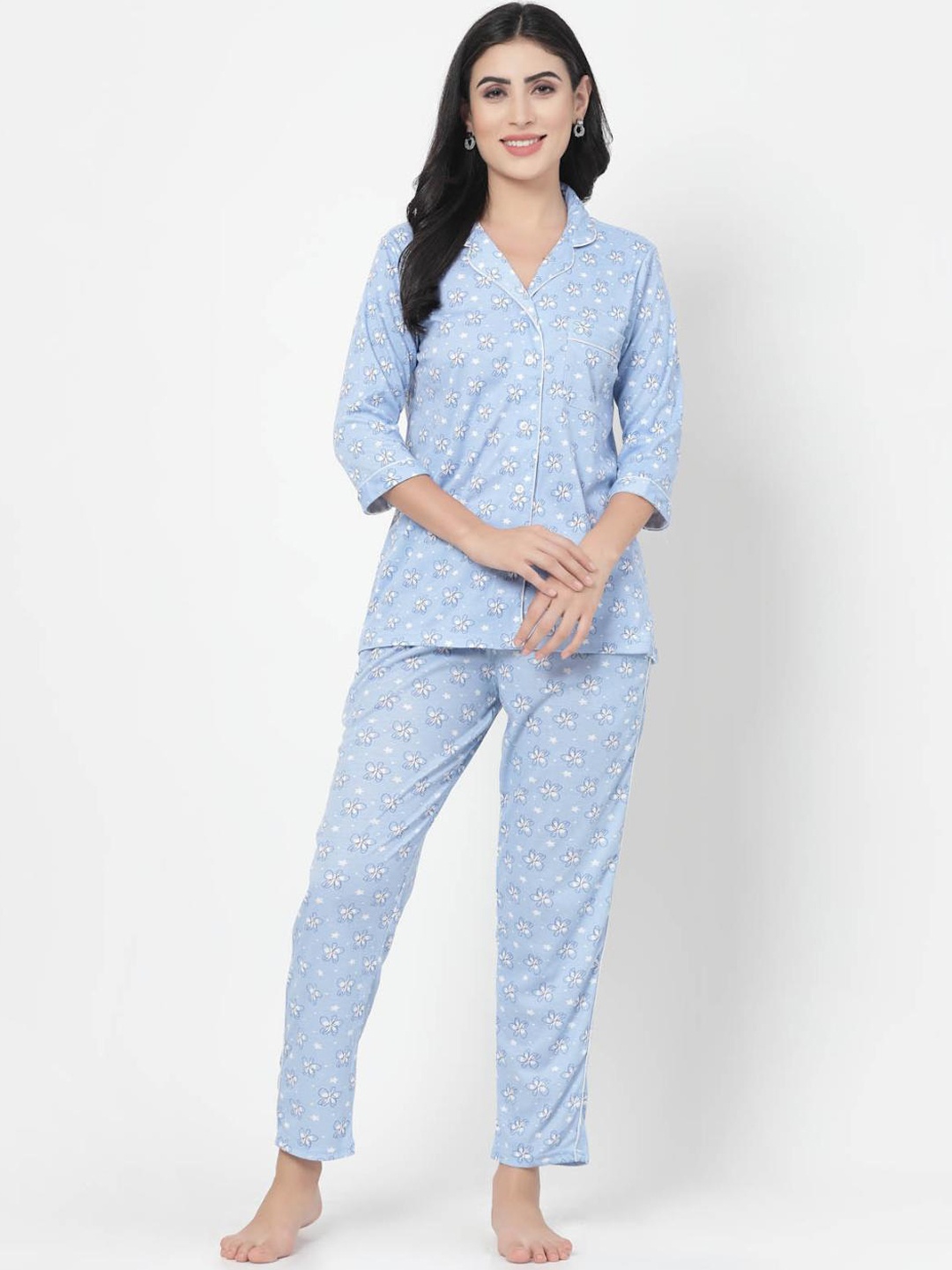 

SHYAM SONS FLAIR Floral Printed Pure Cotton Night Suit, Blue