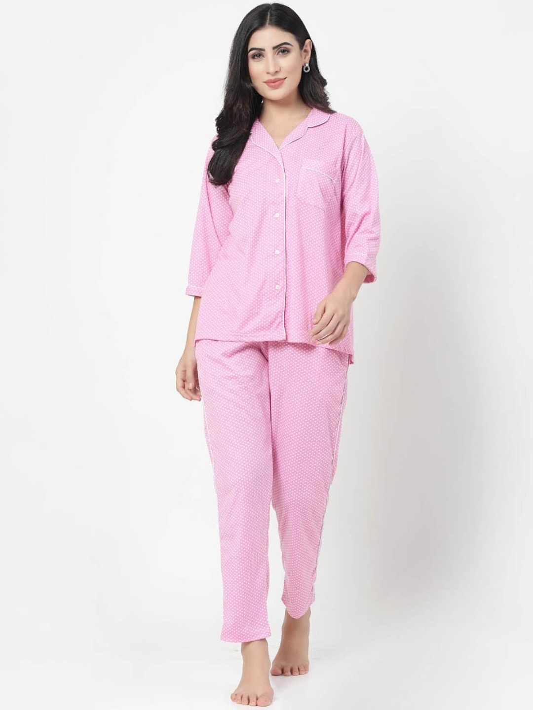 

SHYAM SONS FLAIR Polka Dots Printed Pure Cotton Night suit, Pink