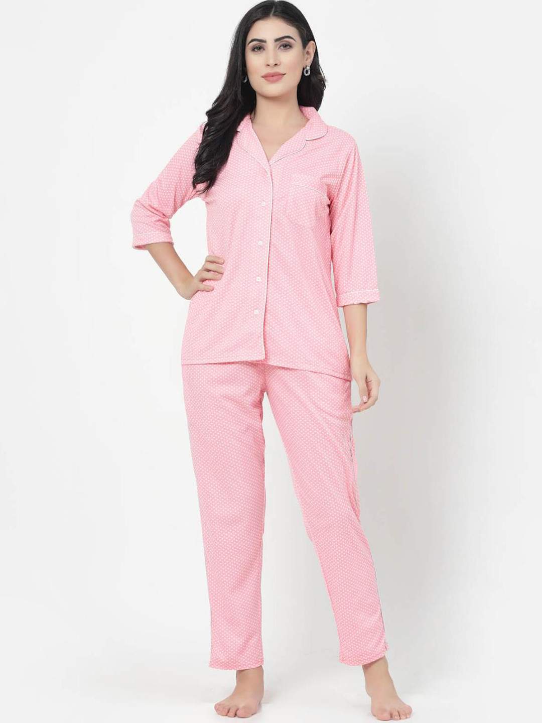 

SHYAM SONS FLAIR Polka Dots Printed Pure Cotton Night suit, Coral