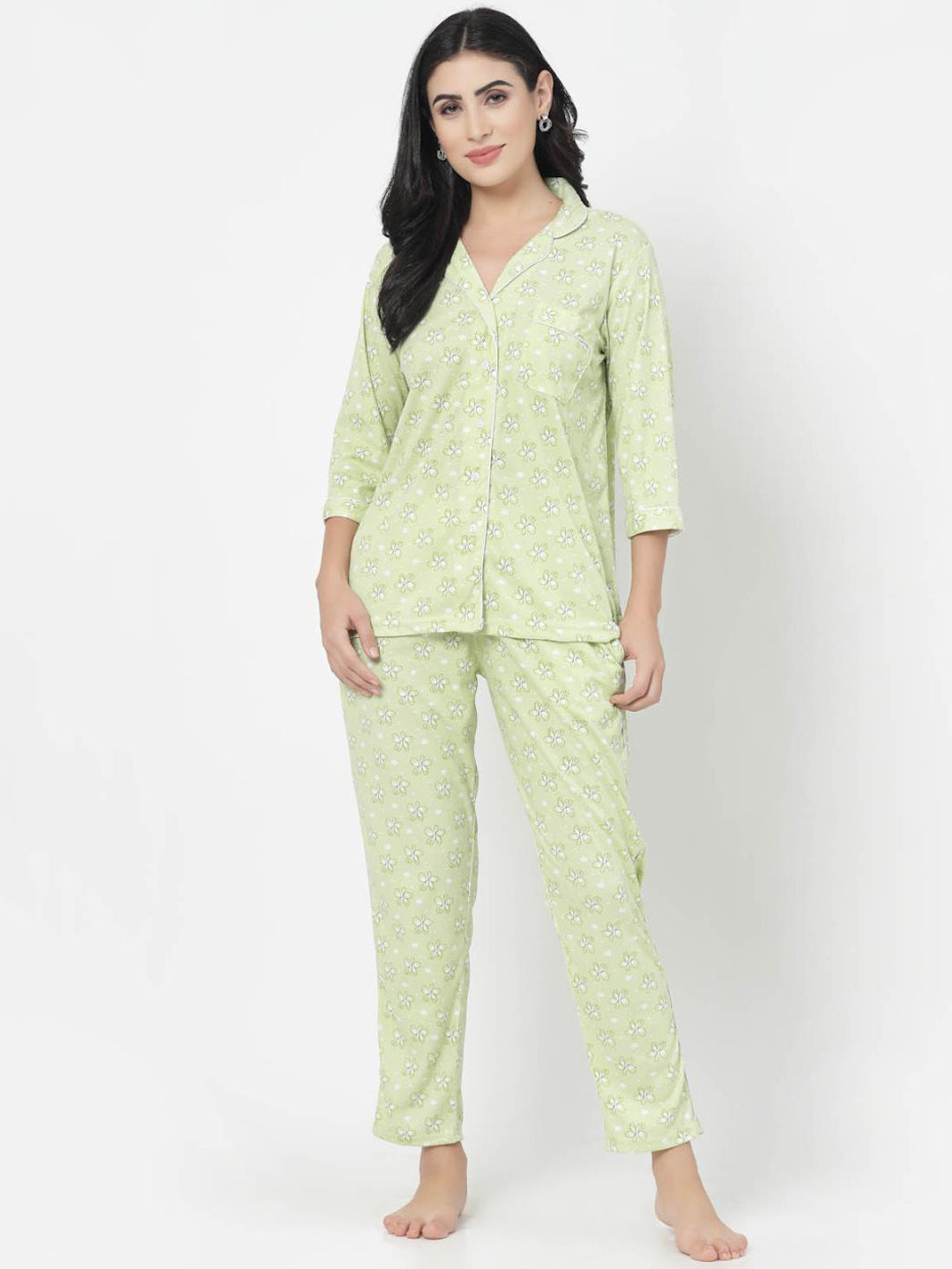 

SHYAM SONS FLAIR Floral Printed Pure Cotton Night Suit, Green