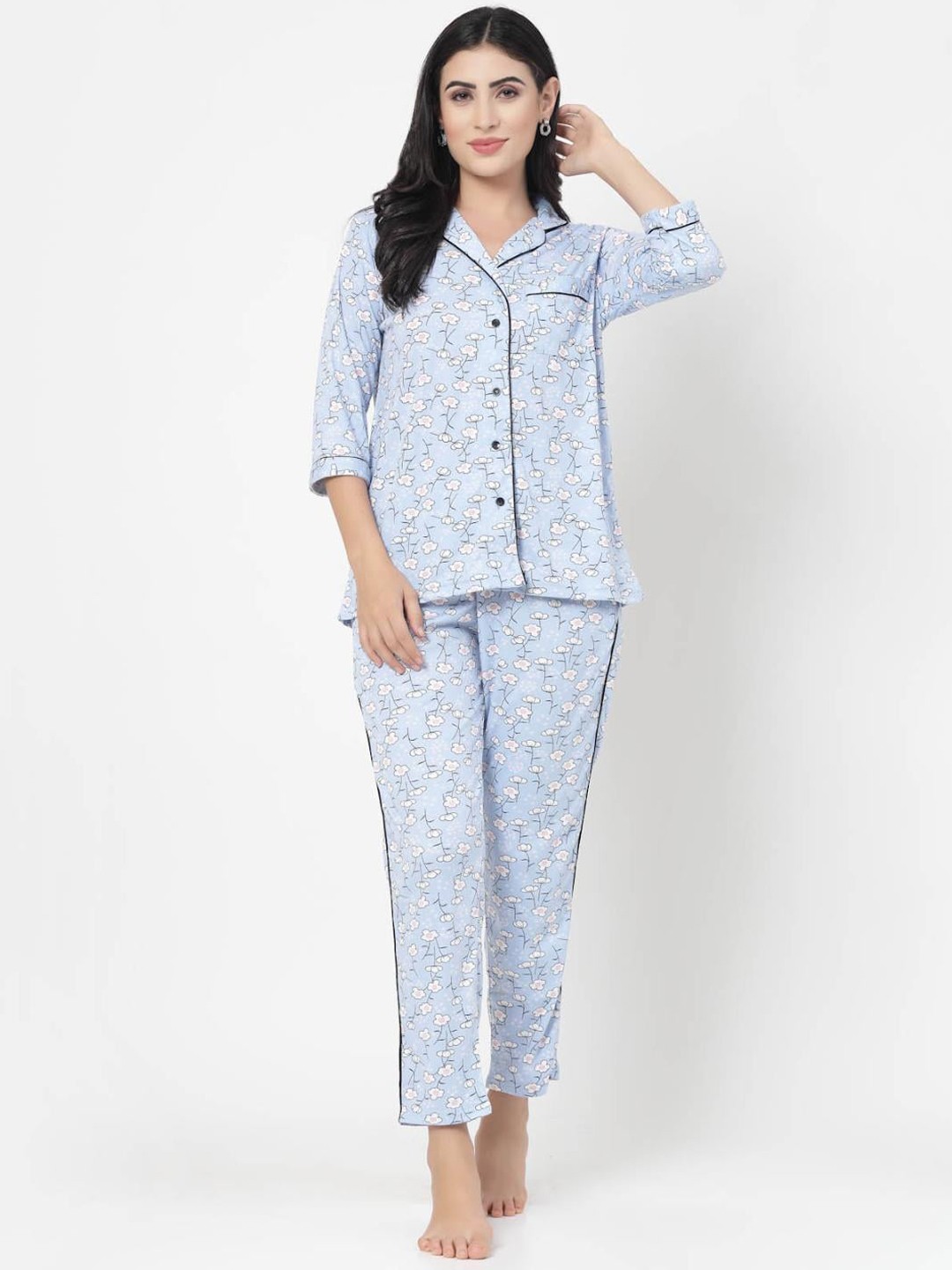 

SHYAM SONS FLAIR Floral Printed Pure Cotton Night suit, Blue